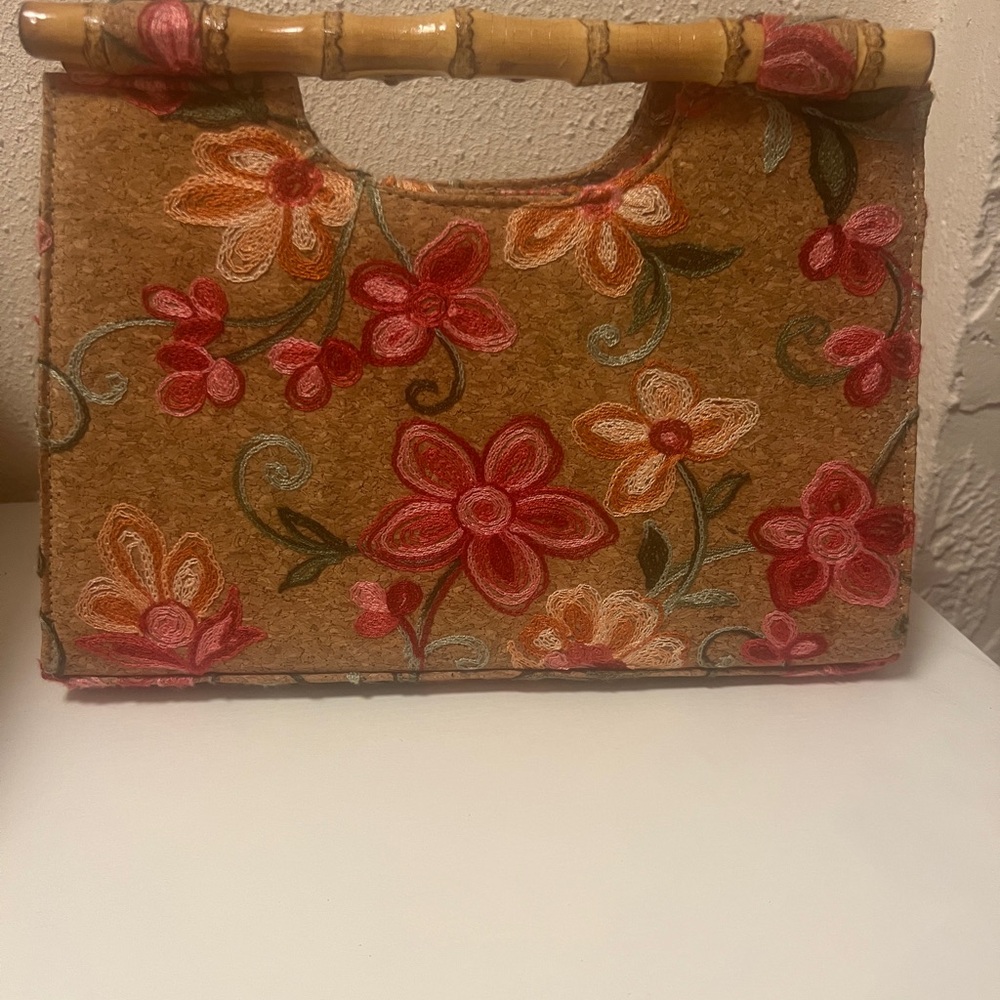 Cork Floral Embroidered Tan Bag with Bamboo Handle